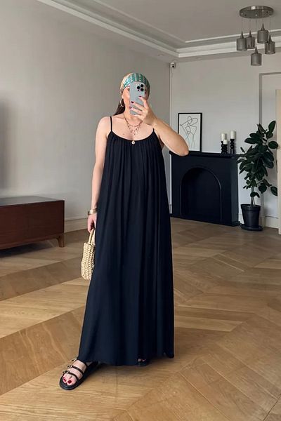 Tuba Butik Flowy Midi Dress with Adjustable Straps