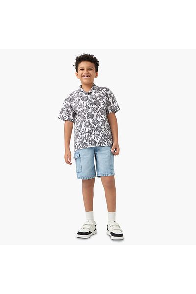 Juniors All-Over Floral Print Shirt with Camp Collar and Short Sleeves