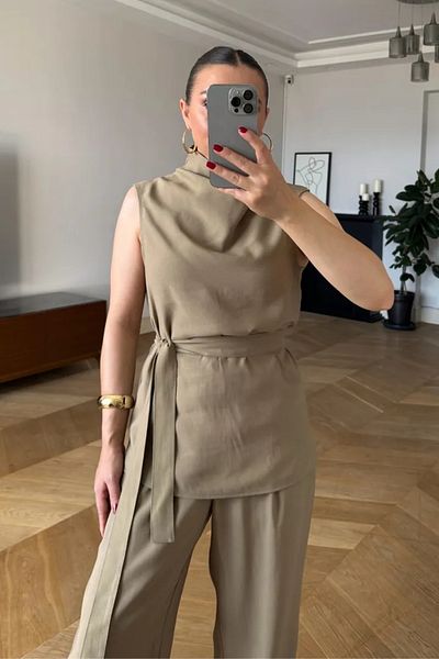 Tuba Butik Zero Sleeve Blouse Pants Women's Set