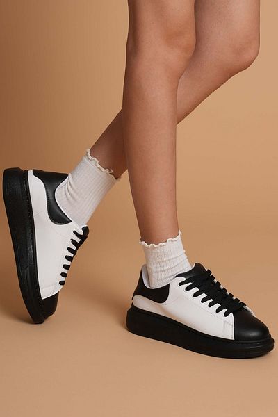 JOSEPHWORLD Lt109 White Black Skin Black Sole Women's Sneaker