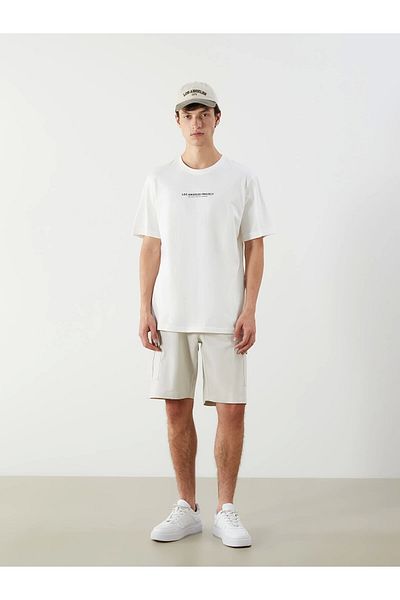 LC Waikiki Ανδρικό μπλουζάκι XSIDE Ecru Crew Neck με στάμπα χτενισμένο βαμβακερό