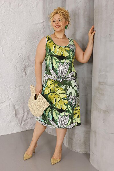 Madwilo Rochie de damă, verde, alb, cu model tropical, cu bretele, mărime mare