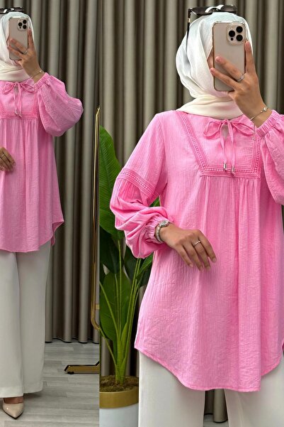 Mercan ŞURA GÖMLEK Pembe Bağcıklı Tesettür Giyim Gömlek Çilek Kumaş Günlük Rahat Kesim
