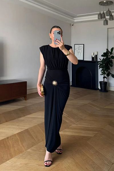Tuba Butik Zero Sleeve Gather Detailed Long Dress