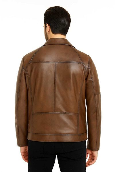 Meka Deri Men's Shirt Collar Brown Shaded Genuine Leather Jacket