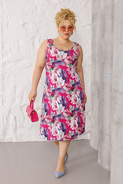 Madwilo Rochie de damă, roz, alb, cu model floral, cu bretele, mărime mare