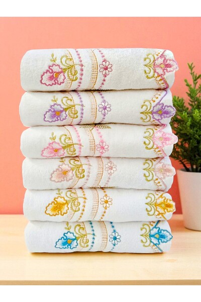 asev tekstil 50X90 cm Embroidered Velvet 6-Piece Hand Towel | Face Towel Set