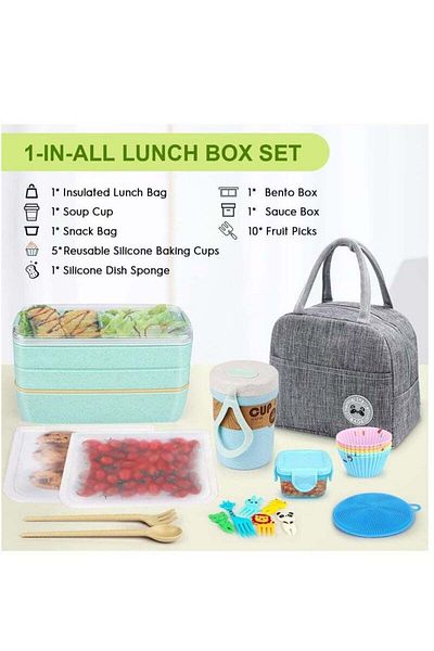 COOYA 27 PCs Bento Box Set, Stackable 3-in-1 Compartment Bento Set ，durable and suitable for kids(Blue)