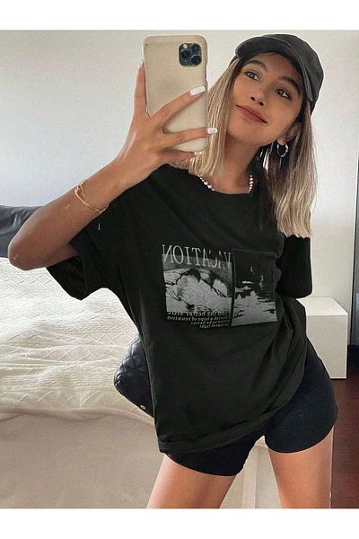 Pink Sky Unisex Black Oversize T-Shirt "Vacation" Printed Crew Neck Comfortable Casual T-Shirt