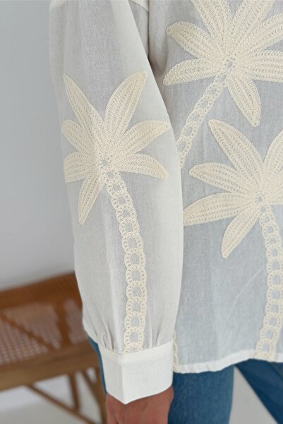 FEMELLE Women's Off Shoulder Palm Pattern Embroidery Embroidered Long Sleeve Cotton Shirt