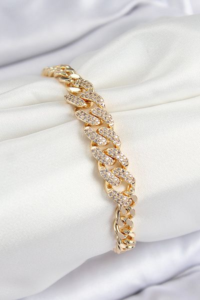 Clariss Brass Zircon Stone Cuban Chain Model Gold Color Women's Bracelet