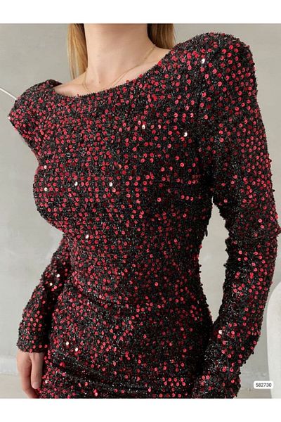 MODA Rochie mini cu paiete, cu mânecă lungă, cu detaliu de vată