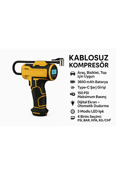 SMAYLİNG Taşınabilir Kablosuz Hava Kompresörü - 12V, Dijital Ekranlı, 150 PSI