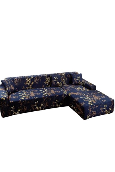 OEM Husa elastica pentru coltar, Comfort, Elastan, 145x185cm/185x230cm, Imprimeu Ramurele, Bleumarin-Bej