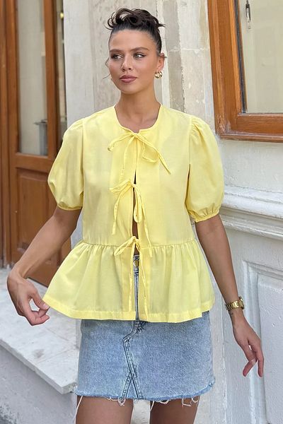 GÜLSELİ Yellow Women's Front Tie Detailed Ruffled Sleeve Elastic Blouse