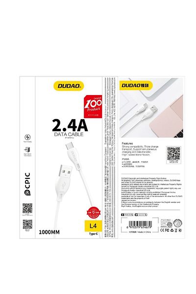 DUDAO Cablu iPhone USB - Lightning 2.4A 1m Alb