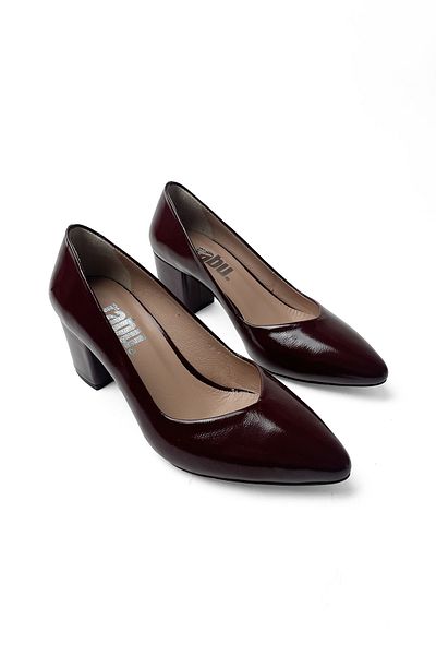RABU Burgundy Patent Leather Women's Genuine Leather Pointed Toe Comfortable Fit Thick Heeled Shoes
