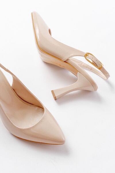 Budi Turega Style 719 Beige Patent Leather Pointed Toe Buckle Detailed Heeled Women's Shoes