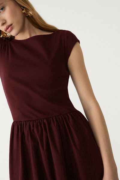 VODENS Women's Burgundy Contrast Pocket Detailed Midi Dress