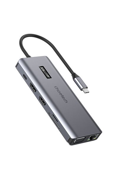 CHOETECH Adapter HUB wielofunkcyjny z wyświetlaczem USB-C USB-A VGA AUX SD TF 12w1 szary