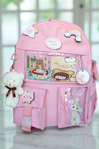 Mabai Korean Style School Backpack with Accessories and Teddy Bear Powder Pink
