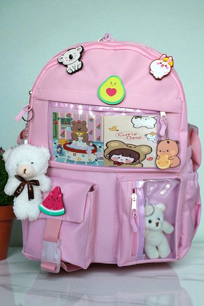 Mabai Korean Style School Backpack with Accessories and Teddy Bear Powder Pink