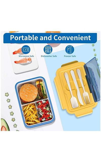COOYA 1400ml 3-compartment Bento Box,with Cutlery,Removable Inner Liner,Easy to Carry,8.2 x5.4 x 2.3 in