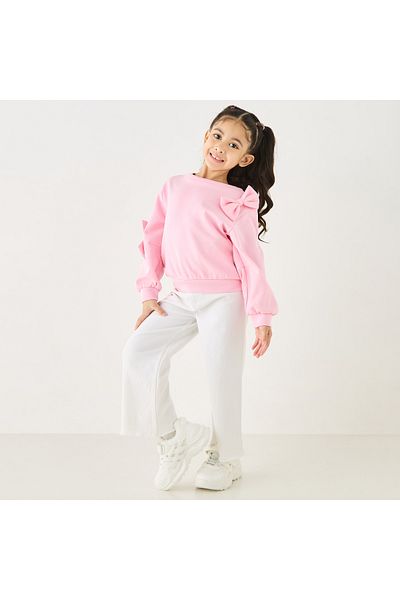 Juniors Solid Sweatshirt with Bow Applique and Long Sleeves
