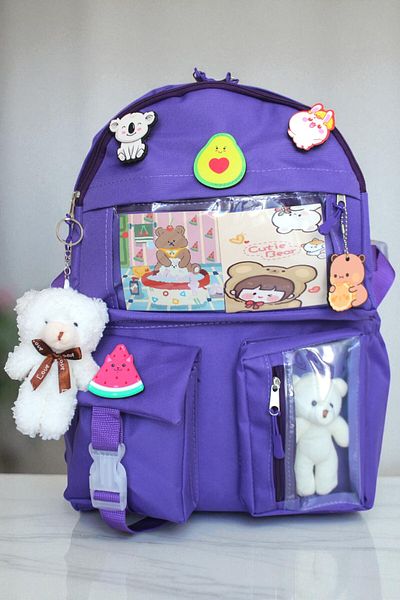 Mabai Purple School Backpack with Korean Style Accessories and Teddy Bear
