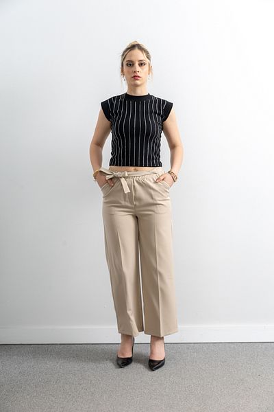 TUĞBA ERGÜL Women's Belt Detailed Wide Leg Double Fabric Trousers