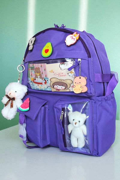 Mabai Purple School Backpack with Korean Style Accessories and Teddy Bear