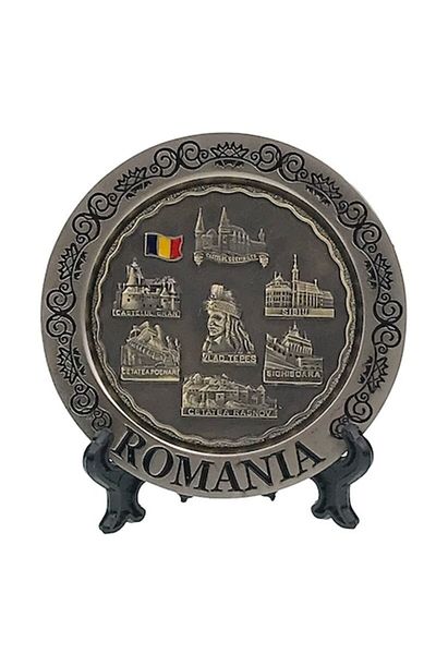 OEM Metal Plate with Plastic Stand, Romania, 8x8cm, Multicolor