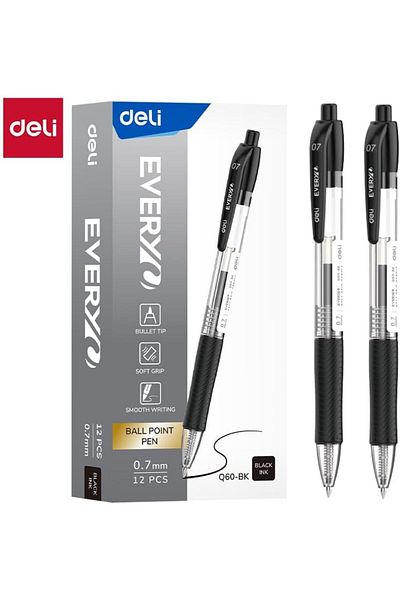 Deli EQ60-BK 0.7 mm Bullet Tip Ballpoint Pen 12-Pieces, Black