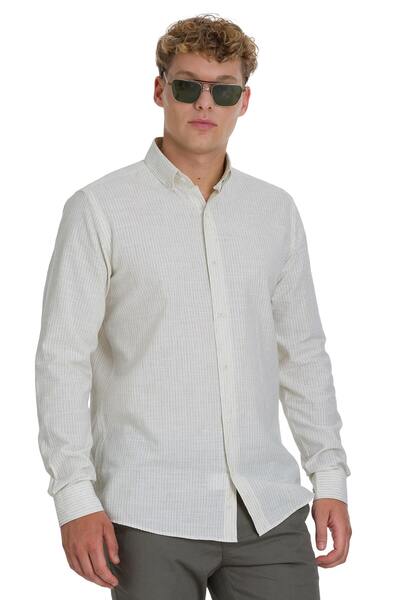 Hatemoğlu Haki Comfort Fit Çizgili Düğmeli Yaka Pamuk-Keten Uzun Kollu Gömlek