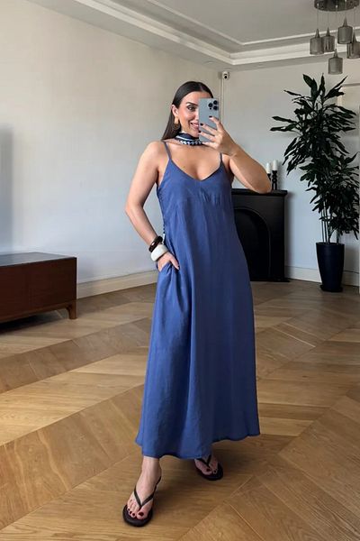 Tuba Butik Slim Strap V Neck Long Dress