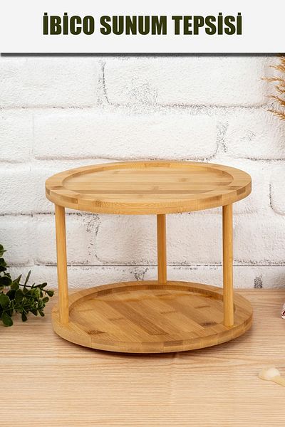 ibico 2 Stories Round 360 °   Wooden Bamboo Presentation Tray & Plate with Rotating Table