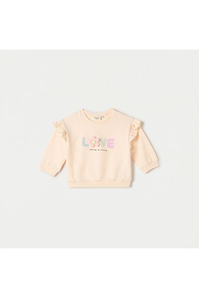 Juniors Floral Applique Sweatshirt with Ruffle Detail and Crew Neck