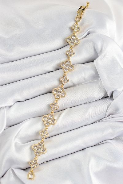 Toptan Bulurum Brass Zircon Stone Clover Model Gold Color Vip Series Women's Bracelet