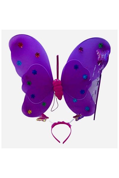 OEM Set costum fluture pentru copii, 3 piese, aripi, baghetă magică și bandă de susținere, aripi iluminate cu LED, violet