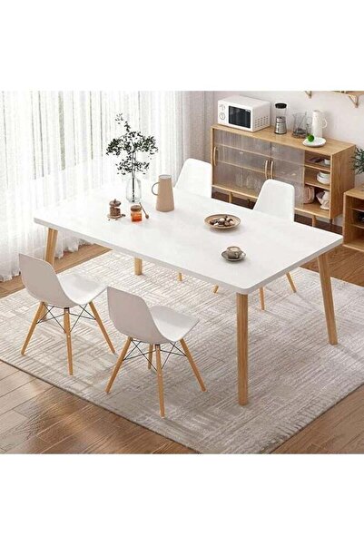 Taimi 5-Pieces Dining Set: White Rectangular Table (120x60x73 cm) + 4 White Plastic Chairs (70x40x40 cm)