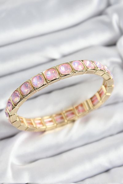 Clariss Brass Pink Zircon Stone Square Model Gold Color Elastic Women's Bracelet