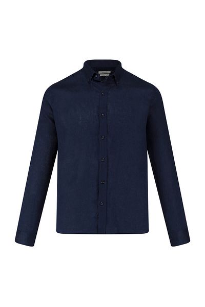 Hatemoğlu Navy Blue Comfort Fit 100% Linen Button Collar Long Sleeve Linen Shirt