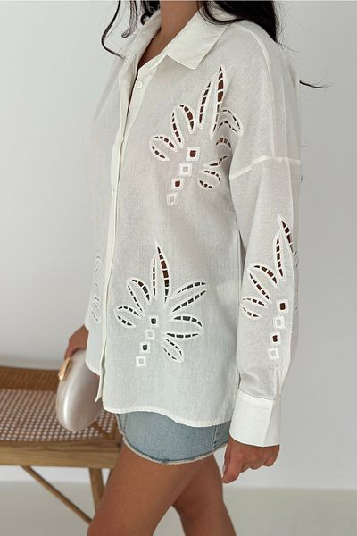 FEMELLE Women's White Leaf Pattern Laser Cut Cotton Shirt