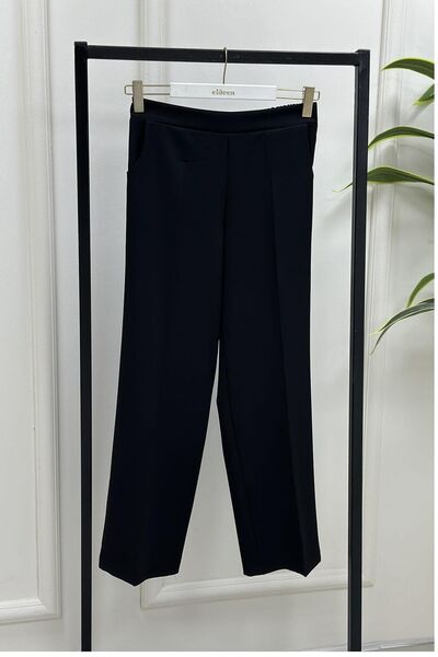 megapol Women's Black Bell Crepe Fabric Elastic Waist Wide Leg Trousers