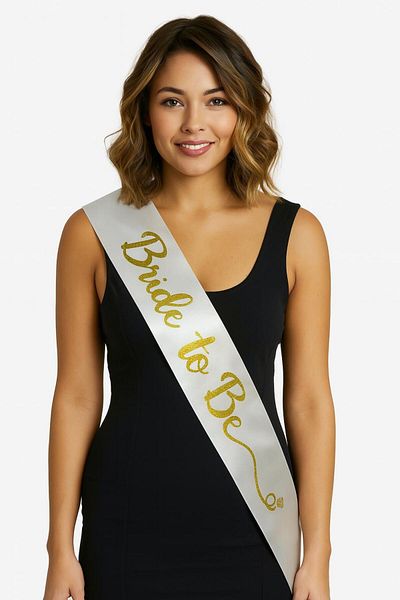 doremodam Italic Gold Bride to Be Sash on White Satin