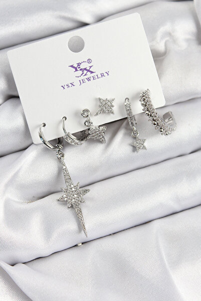 Nehir Brass Zircon Stone Polar Star Model Silver Color 3-Piece Pair Women's E...