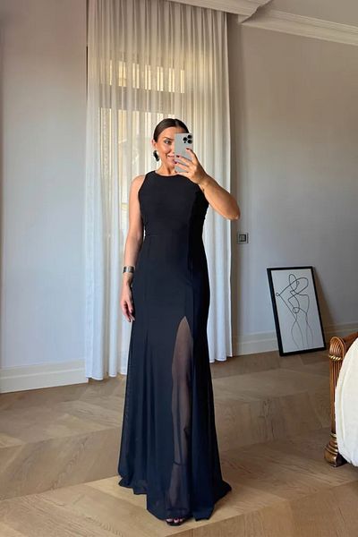 Tuba Butik Zero Sleeve Slit Long Tulle Dress