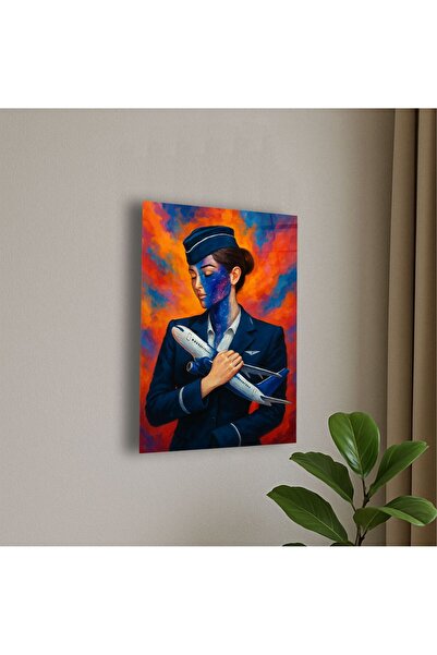 VecihiGeliyor Kadın Havacılık Personel Ve Uçak Temalı Cam Tablo Hostes Hediye...