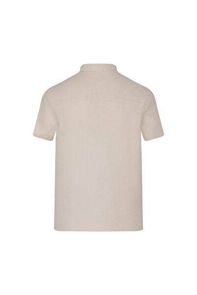 Hatemoğlu Ecru Comfort Fit 100% βαμβακερό κοντομάνικο πουκάμισο με κρυφό γιακά με κουμπιά