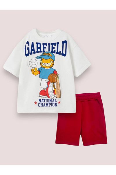 LİTTLE TORTOİSE Boys Garfi̇eld Printed Crew Neck T-Shirt & Shorts Set